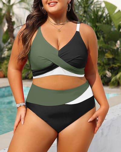 Plus Size Two Piece Swimsuit - Women High Waisted Bikini Set Tummy Control Bathing Suits