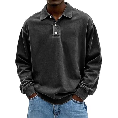 Men's Vintage Rugby Polo Shirt Long Sleeve Collared Thermal Pullover for Casual Work & Golf