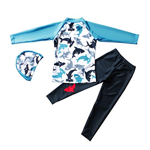 Digirlsor Kids Boys Two Piece Rash Guard Swimsuit Bathing Suit Long Sleeve Sunsuit Swimwear Set with Cap 2-10 Years