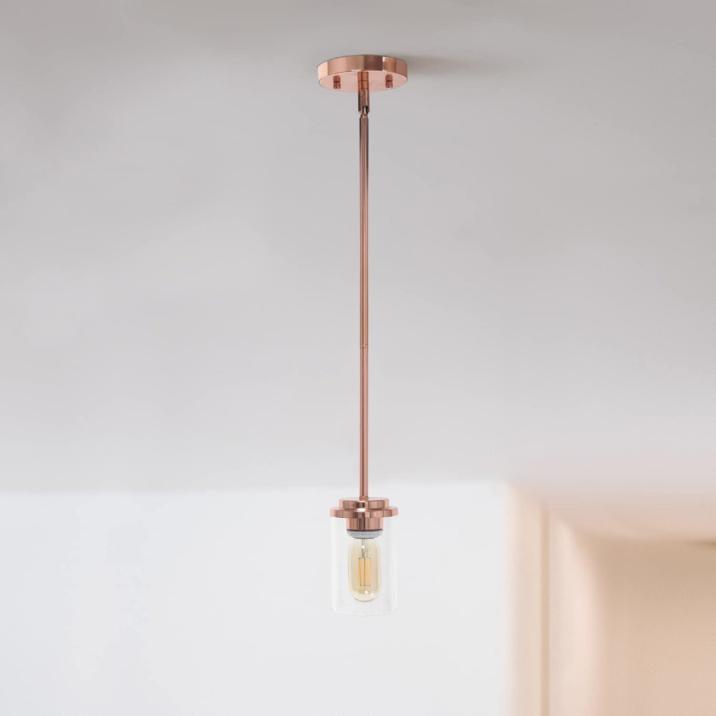 Lalia Home 1-Light Adjustable Pendant Fixture, 5.75in Clear Cylinder Glass, Rose Gold, Iron, Model 1270-LHP-3011-RG