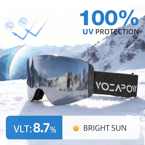 VOZAPOW Ski Goggles Anti-Fog with HD Lens, UV Protection, Magnetic Lens, OTG Snowboard Snow Goggles for Men Women