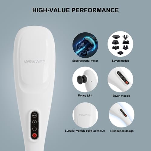 MEGAWISE Cordless Handheld Back Massager w/Rechargeable 3200mAh Battery, 5 Speed and 5 +2 Massage Nodes with Hard, Medium ...