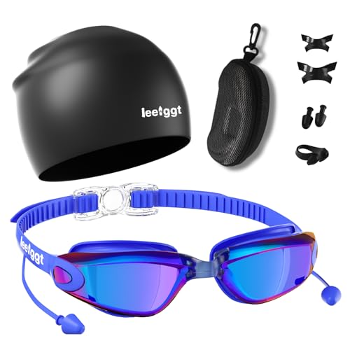 LEEIGGT Swim Goggles Set with No Leak Anti-Fog & Anti-UV Swimming Goggles Nose Clip, Swim Cap and Case for Men Women Adult