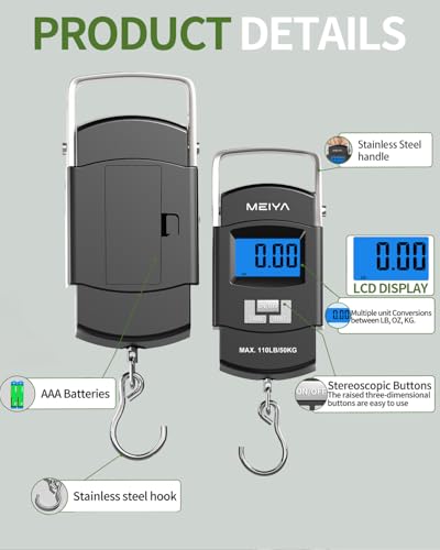 MEIYA Fish Scale 110lb/50kg Digital Fishing Scale with Backlit LCD, Portable Handle, Stainless Steel Hook & 2 AAA Batterie...