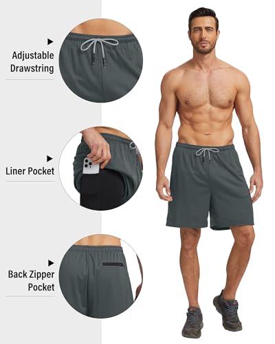 HOPLYNN 5 Pack Mens 2 in 1 Running Shorts with Liner, Quick Dry Workout Training Gym Athletic Sport Shorts with Pockets