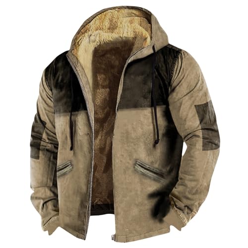 Mens Jacket Thick Sherpa Lined Color Block Western Hoodie Zip Up Fall Hooded Jacket Soft Fleece Coat Pocket Sweatshirt