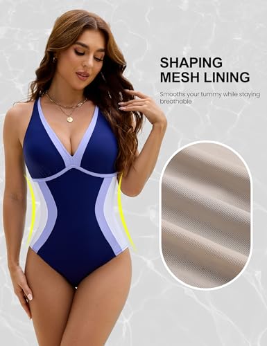 BMJL Womens One Piece Swimsuit Slimming Tummy Control Bathing Suit Color Block Shapewear Swim Suits 2025