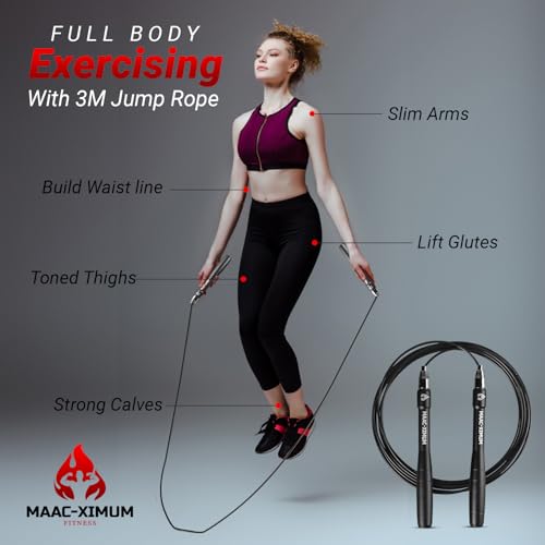 MAAC-XIMUM High Speed Rope - Professional Self-Locking & Adjustable, Adult Speed Jump Rope, 2 x PU coated Steel Ropes & Tr...