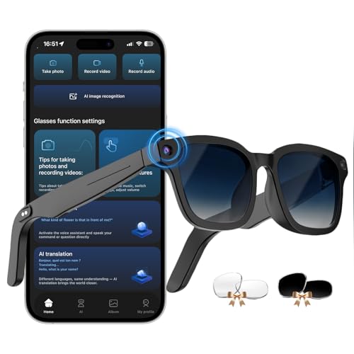 AI Smart Glasses with ChatGPT, 8MP Camera Glasses with Camera and Audio, AI Translation Sunglasses with 164 Languages, Blu...