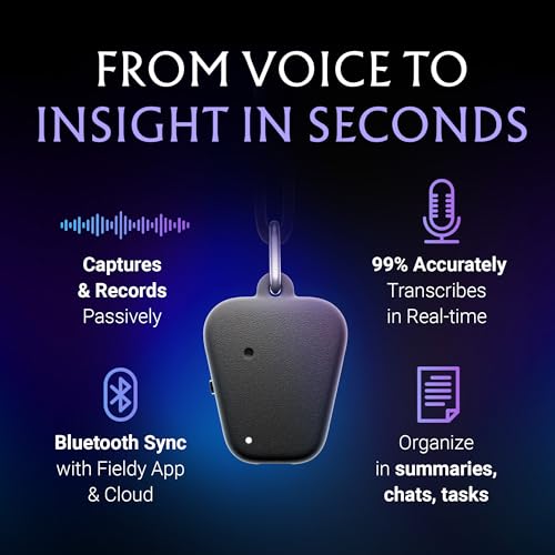 FIELDY Wearable, Hands-Free AI Real Time Voice Recorder – AI Transcriptions, Custom Summaries, Calendar Sync, HIPAA Privac...