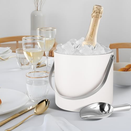 Bakpoco Insulated Ice Bucket with Silicone Lid, Scoop, Tongs & Strainer, 3L Stainless Steel Double Wall Ice Buckets for Pa...