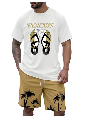 BEAUDRM Men's Plus Size 2 Piece Outfit Tropical Print Crew Neck Short Sleeve T Shirt and Shorts Beach Set