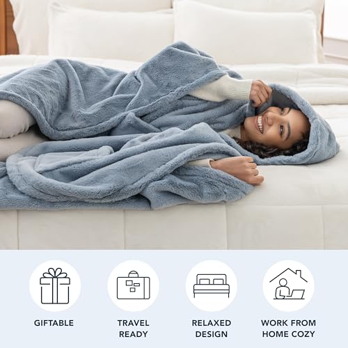 Berkshire Faux Fur Wearable Blanket, Cozy Reversible Loftmink Fleece Shawl with Hood & Side Pockets