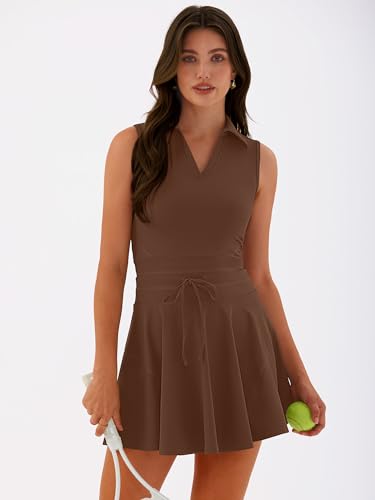 Caracilia Womens Golf Tennis Dress 2 Piece Sets Polo Neck Sleeveless Workout Athletic Summer Mini Dresses with Shorts Pockets