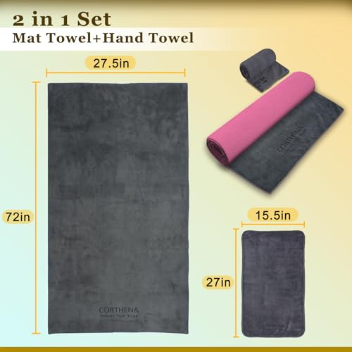 CORTHENA Yoga Mat Towel with Hand Towel, Extra Thick (600GSM) Soft Hot Yoga Towel, Non-Slip and Sweat Absorbent for Hot Yo...