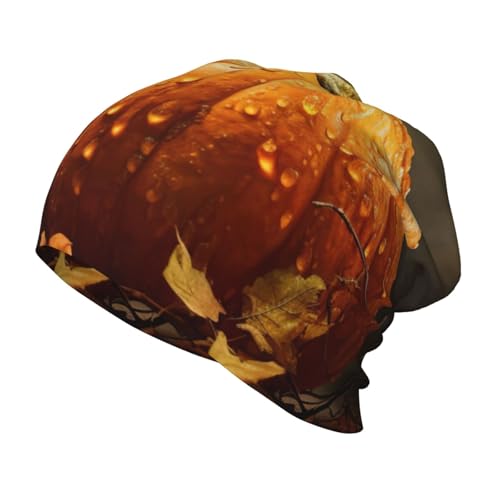 Fall Pumpkin Print Beanie Hat Soft Thermal Cap Winter Headwear for Cold Indoor Outdoor Activities Black
