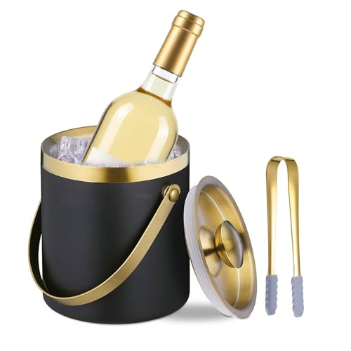 Sipoyen Ice Bucket with Lid, Handle and Tong Black Gold Insulated Stainless Steel Champagne Bucket 2L Wine Bucket for Part...