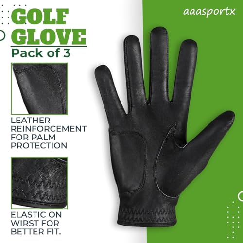 aaasportx Golf Gloves Men 3 Pack for Golfer (Worn On Left/Right Hand) Golf Glove Breathable Comfotable Fit Great Golf Gifts