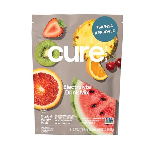 Cure Hydration | Plant-Based Electrolyte Drink Mix | No Added Sugar | FSA-HSA | Dehydration Relief Powder Made with Coconu...