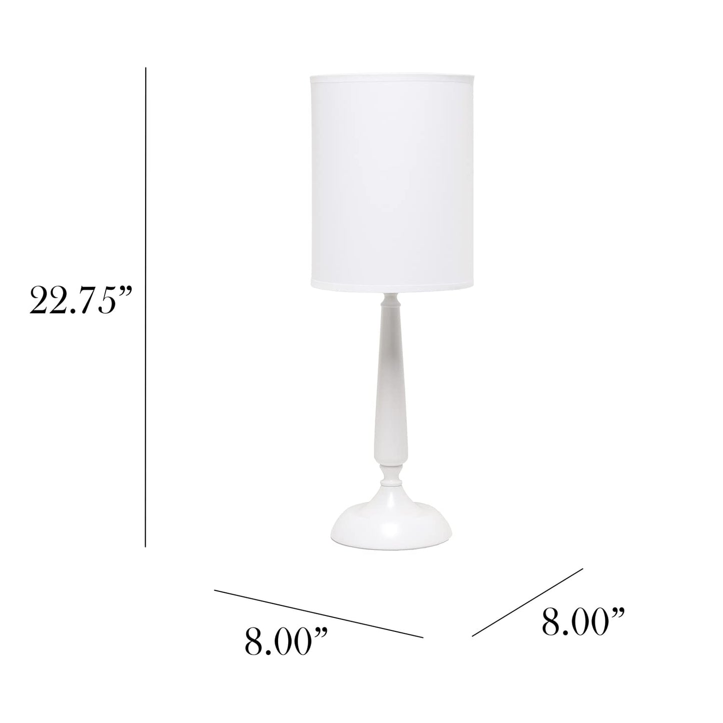 Simple Designs Table Lamp, Traditional Candlestick Style, Metal Iron, White Drum Shade, 8inL x 8inW x 22.75inH, Model LT2075-WHT