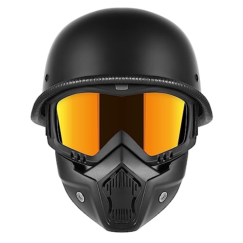 Motorcycle Half Helmets with Face Shield, German Style Motorcycle Helmet for Adult Men Women, DOT Approved Retro Half Shel...