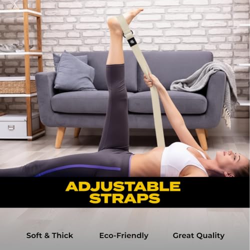 8ft Yoga Strap with Metal D-Ring – Premium Cotton Blend Stretching Strap for Flexibility, Pilates & Rehab – Adjustable, Du...
