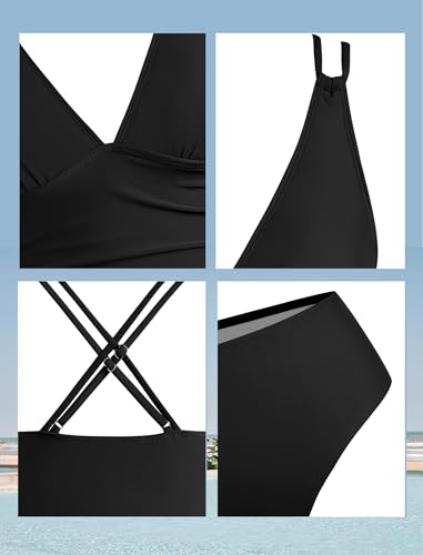ZAFUL Womens Tankini Swimsuits V Neck Push Up Swim Top Color Block Tummy Control High Waisted Bathing Suits Swim Bottom