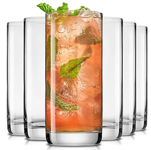 JoyJolt Faye 13oz Highball Glasses, 6pc Tall Glass Sets. Lead-Free Crystal Drinking Glasses. Water Glasses, Mojito Glass C...