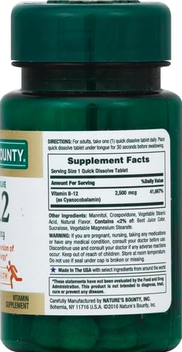 Nature's Bounty Vitamin B12 2500 mcg, Cellular Energy Support, for Energy Metabolism, Heart & Nervous System Health, 75 Quick Dissolve Tablets