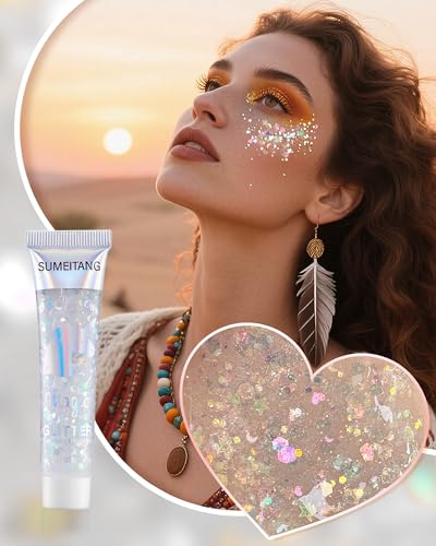 SUMEITANG 6 Pcs Clear White Face Body Glitter Gel，Holographic Chunky Sequins Body Glitter Paint for Party Singer Concerts ...