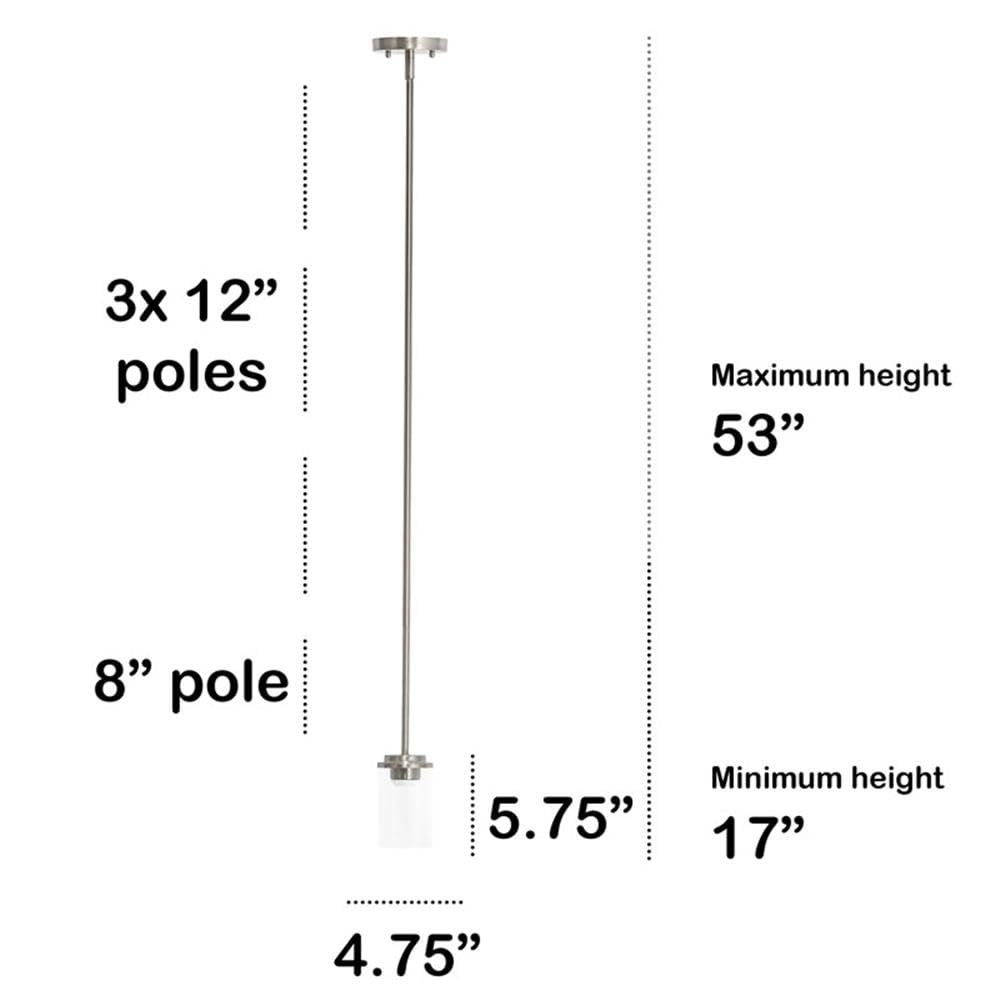 Lalia Home 1-Light Pendant Fixture, Adjustable Clear Cylinder Glass, 4.75x4.75x53, Brushed Nickel, Model 1270-LHP-3011-BN