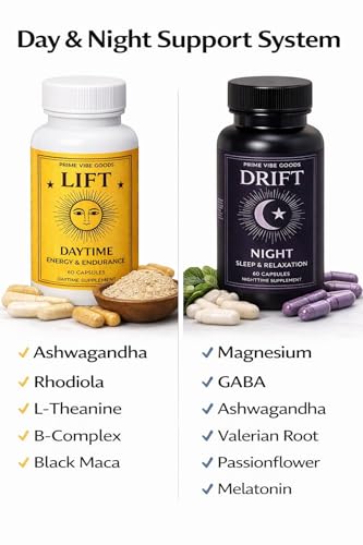 Prime Vibe Goods Lift & Drift – Energy & Stress Support Supplement (2-Pack, 120 Capsules) – Adaptogens for Focus, Relaxati...