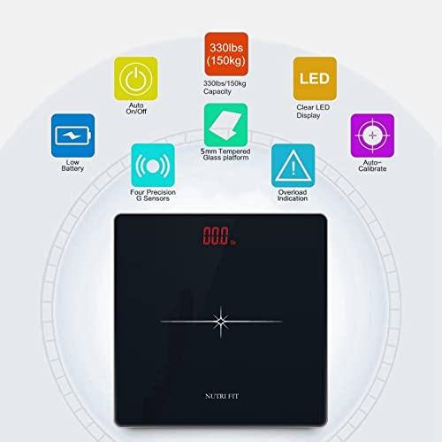 NUTRI FIT Digital Scale for Body Weight, Precision Bathroom Weighing Scale Step-On Technology High Capacity - 330 lb, LED ...