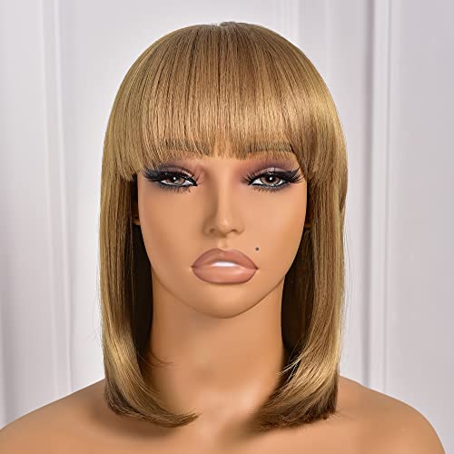 ToyoTress BLunt Cut Wigs With Bangs - 14 Inch Blonde Mix Brown Light Yaki Straight Hair Daily Costume Wig For Black Women, Soft