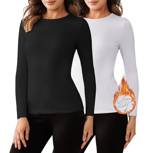 Bonneuitbebe Women's 2 Pack Long Sleeve Thermal Shirts Soft Crewneck Undershirt Tops Lightweight Base Layer Cold Weather