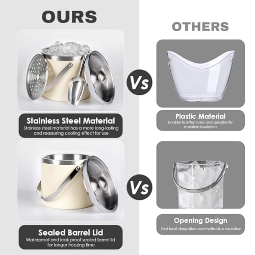 3L Beige-White Double Wall Insulated Stainless Steel Ice Bucket with Scoop for Cocktail Bar,Metal Ice Bucket for Freezer w...