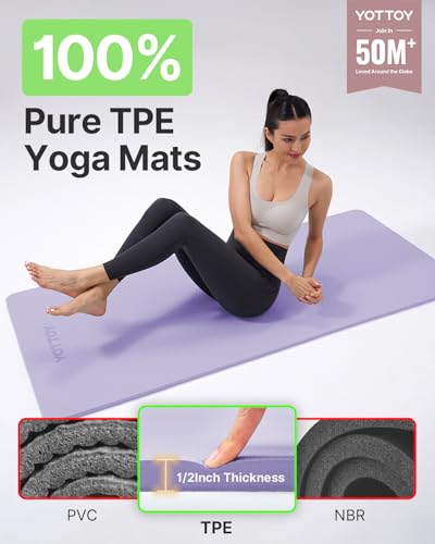 YOTTOY Yoga Mat，Extra Thick Yoga Mat (1/2inch),Professional TPE Exercise Mat,Non-Slip Workout Mat for Yoga, Pilates, Fitne...