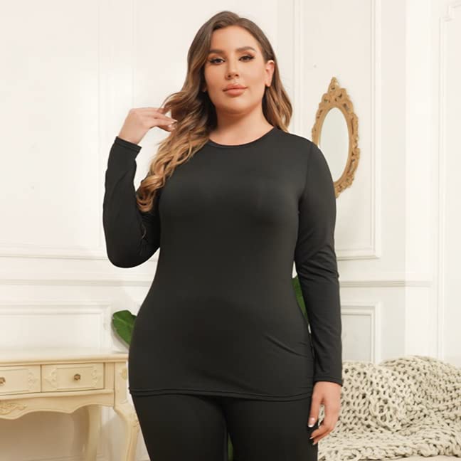 COOTRY Plus Size Thermal Shirts for Women Fleece Lined Crew Neck Tops Long Johns Base Layer Underwear