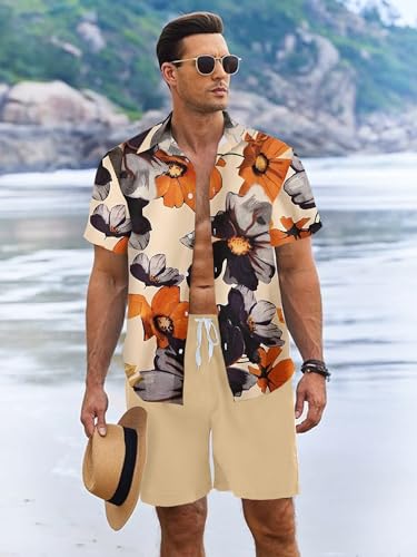 UOUA Men's Beach 2 Piece Outfits Hawaiian Flower Button Down Shirts and Shorts Sets