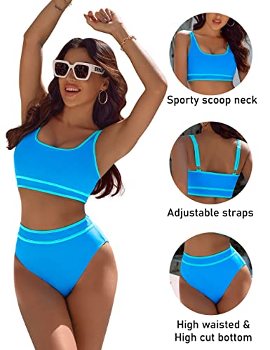 BMJL Women's High Waisted Bikini Sets Sporty Two Piece Swimsuits Color Block Cheeky High Cut Bathing Suits
