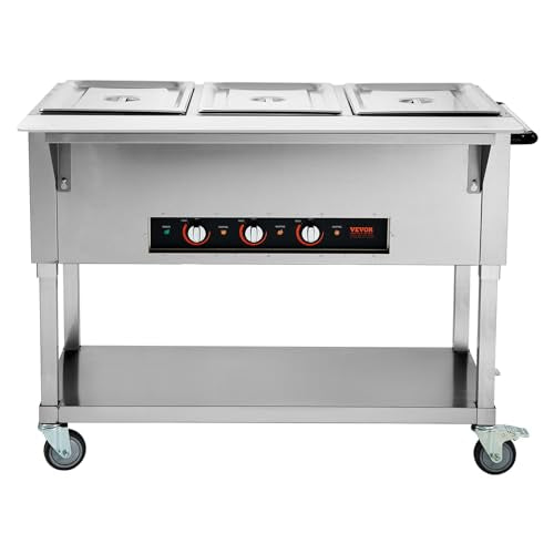 VEVOR 3-Pan Commercial Food Warmer, 3 x 20.6QT Electric Warm Table, 1500W Professional Buffet Catering Food Warmer with 4 Wheels (2 Lockable), Food Grade Stainless Steel Server for Party Restaurant