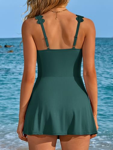 Charmo One Piece Swim Dress Scalloped Square Neck Modest Swimsuits for Women Tummy Control Bathing Suit with Skirt