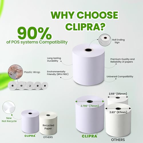 CLIPRA 3 1/8 x 230 Thermal Paper Receipt Rolls (10 PACK) [USA Based Brand] 55 GSM - Compatible with All POS Systems, Cash ...