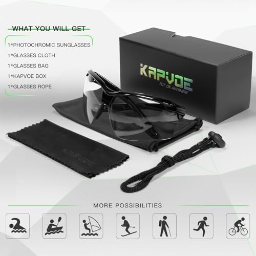 KAPVOE Photochromic Sunglasses for Men Women Sports Sunglasses Cycling Running Baseball Golf 100% UV Protection K87