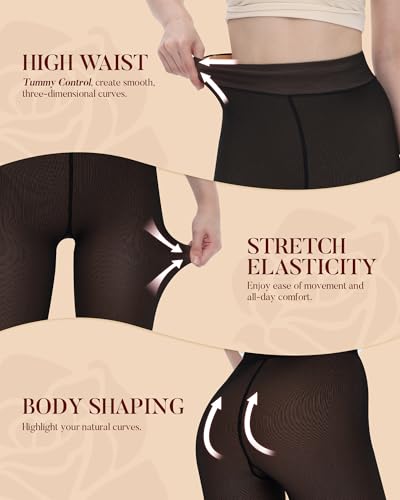 iceROSE Fleece Lined Tights Women - Sheer Black Thermal Leggings Thick Warm Pantyhose Fake Translucent Dress for Cold Winter