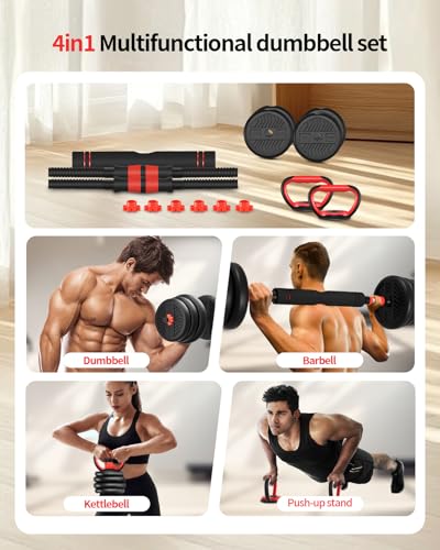 Adjustable Dumbbells,20/30/40/60/80lbs Free Weight Set with Connector, 4 in1 Dumbbells Set Used as Barbell/Kettlebells/Pus...