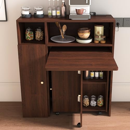 KEIKI Folding Dining Table for 4, Farmhouse Kitchen Extendable Table with Wall-Mounted Storage & Socket, Drop Leaf Tables ...