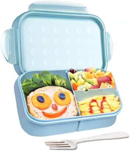 Wheat Straw Bento Box, BPA-Free Lunch Box for Kids & Adults - Leakproof 3-Compartment Lunch Containers with Utensil, Microwave/Dishwasher Safe, 5.5 Cup Blue