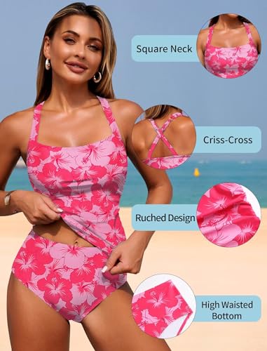 ZAFUL Women's Tankini Swimsuits Tummy Control Swimwear Two Piece Bathing Suits Swim Top with High Waisted Bottom
