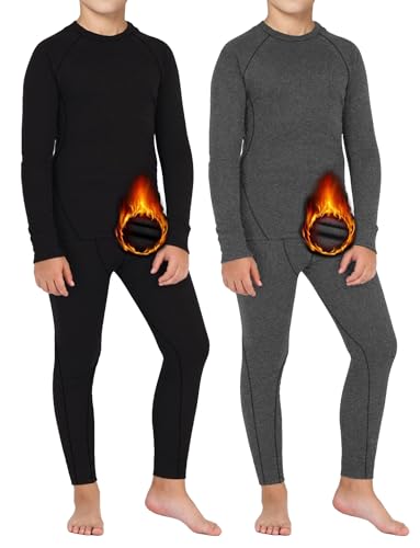 Dalavch 2 Sets Youth Boys Thermal Base Layer Long Johns Compression Leggings and Shirts Fleece Lined Underwear for Kids Girls